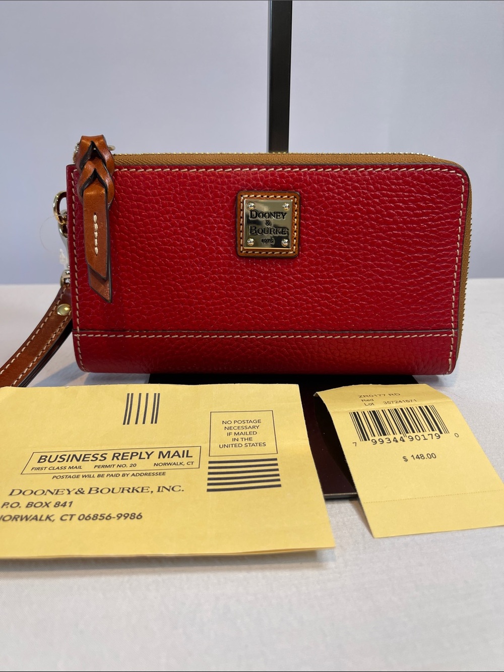 Dooney & Bourke Red Leather Zip Wristlet Wallet with Brown Wrist Strap